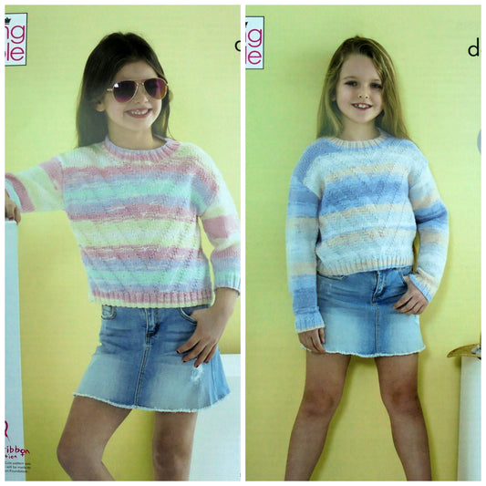 DIGITAL Knitting Pattern Girls Round Neck Easy Textured Jumpers Beaches DK King Cole 5423