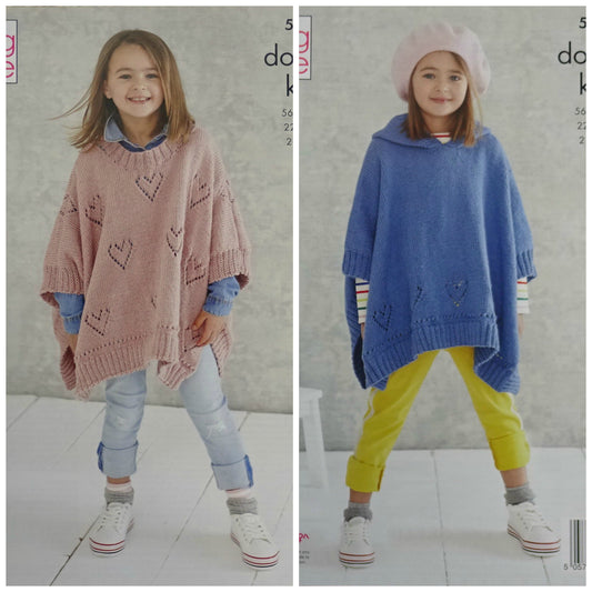 DIGITAL Knitting Pattern Childrens Girls Heart Ponchos Drifter DK King Cole 5476