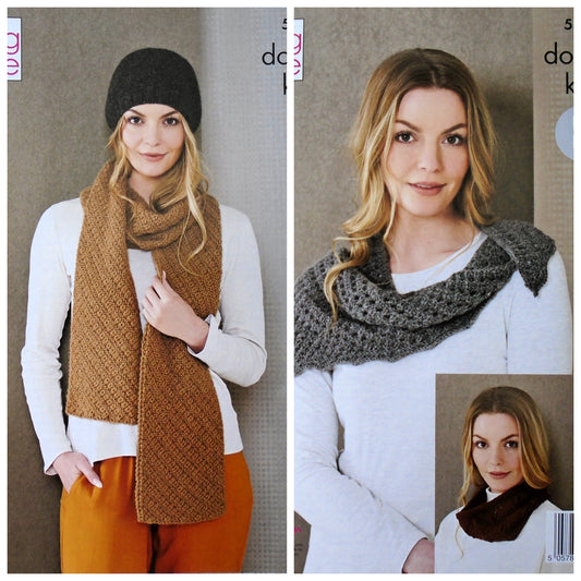 DIGITAL Knitting Pattern Ladies Long Scarf, Hat, Cowl and Wrap DK 5490