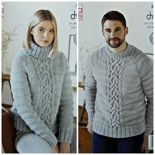 DIGITAL Knitting Pattern Mens and Ladies Polo/Round Neck Cable Jumpers Chunky 5499