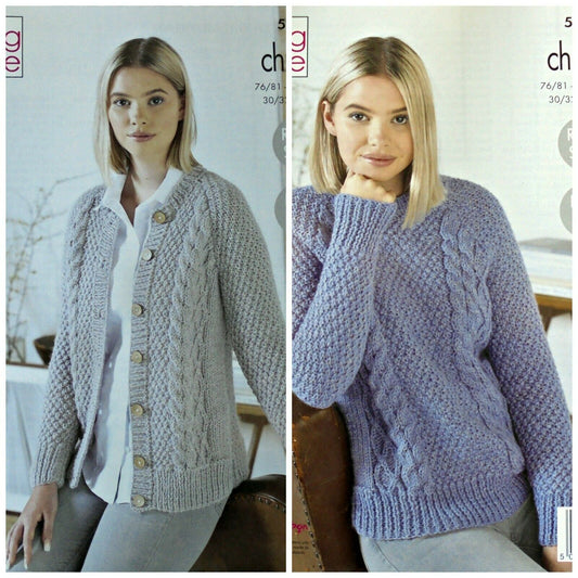 DIGITAL Knitting Pattern Ladies Moss Stitch & Cable Jumper and Cardigan Chunky 5501