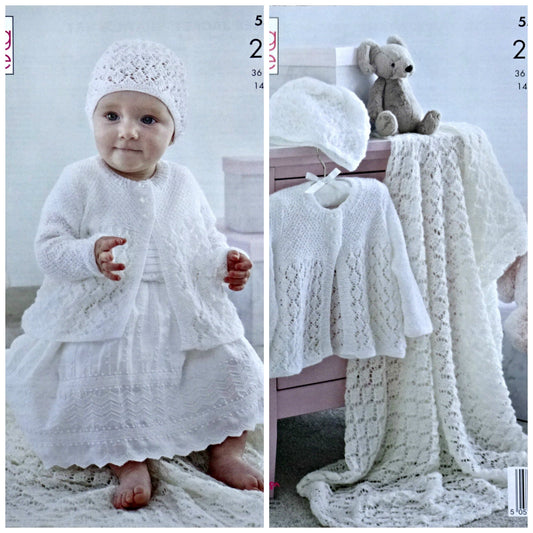 DIGITAL Knitting Pattern Baby Lacy Matinee Jacket Hat & Shawl 2ply King Cole 5509