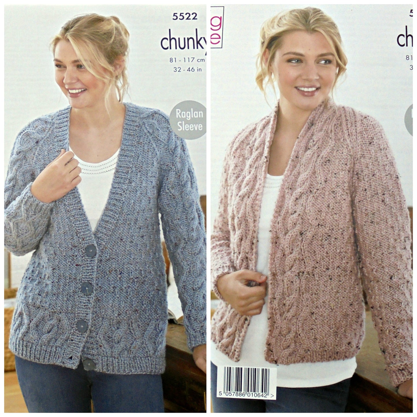 DIGITAL Knitting Pattern Ladies Cable Cardigans 2 lengths Chunky Tweed King Cole 5522