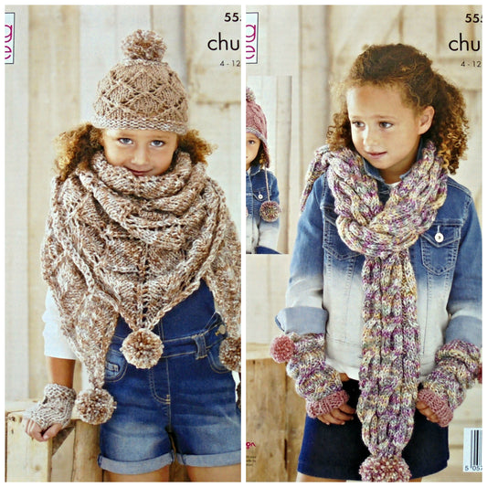 DIGITAL Knitting Pattern Childrens Earflap Hat, Cable Scarf & Mittens, Lacy Hat, Shawl & Mittens Chunky King Cole 5552