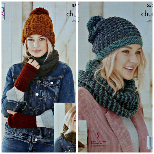 DIGITAL Knitting Pattern Ladies Hats Cowls Hand Warmers Boot Toppers Chunky King Cole 5553