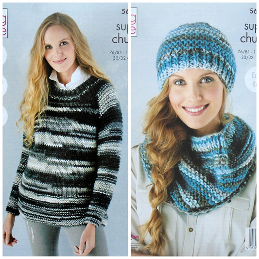 DIGITAL Knitting Pattern Ladies Easy Knit Jumper, Cowl and Hat Super Chunky King Cole 5639