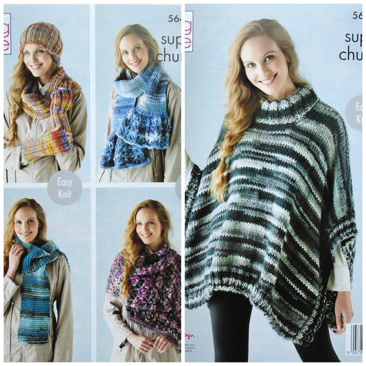 DIGITAL Knitting Pattern Ladies Easy Knit Poncho, Scarves, Wrap, Cowl, Wristwarmers & Hat Super Chunky King Cole 5640