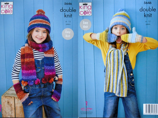 DIGITAL Knitting Pattern Childrens Easy Knit Hat Scarf Mittens Bramble DK King Cole 5646