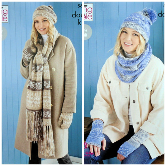 DIGITAL Knitting Pattern Ladies Easy Knit Hat Beret Cowl Scarf & Mittens Fjord DK 5654