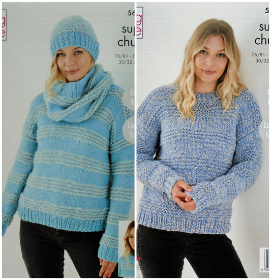 DIGITAL Knitting Pattern Ladies Very Easy Knit Jumper Cowl Hat SuperChunky KingCole 5668