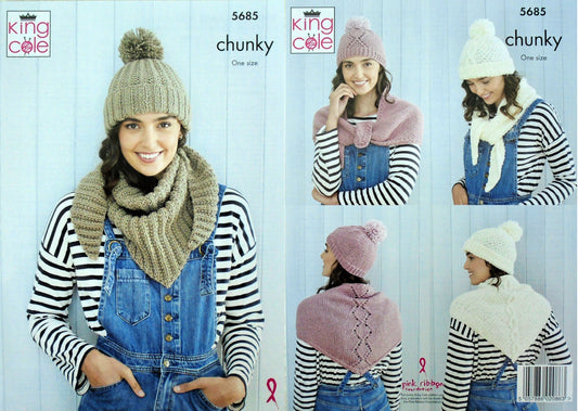 DIGITAL Knitting Pattern Ladies Hats and Short Shawls 3 Styles Chunky King Cole 5685