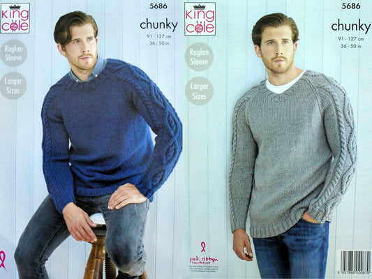 DIGITAL Knitting Pattern Mens Long Sleeve Round or V-Neck Jumper Chunky King Cole 5686