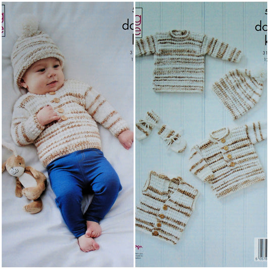 DIGITAL Knitting Pattern Baby's Jumpers, Waistcoat, Mittens and Hat DK King Cole 5703