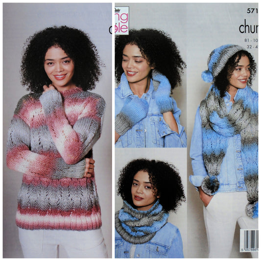 DIGITAL Knitting Pattern Ladies Jumper Cowl Hat Scarf Mittens Riot Chunky King Cole 5714