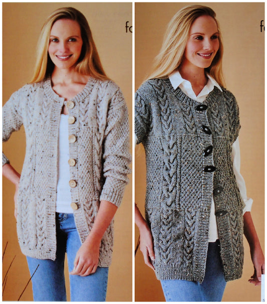 DIGITAL Knitting Pattern Ladies Multi Cable Jacket & Waistcoat Aran King Cole 5721