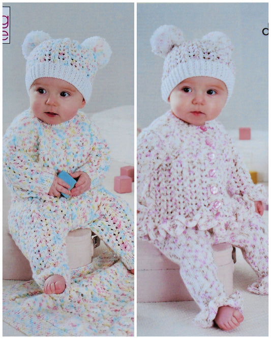 DIGITAL Knitting Pattern Baby Lacy Cardigan Trousers, Blanket Onesie & Hat Cherish DK King Cole 5728