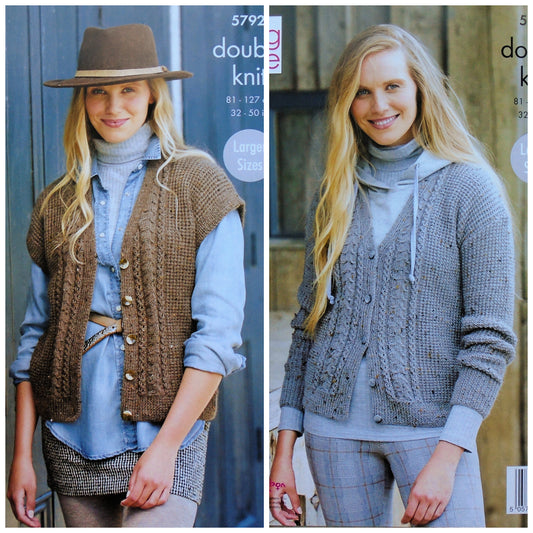 DIGITAL Knitting Pattern Ladies Cable Cardigan and Waistcoat DK King Cole 5792