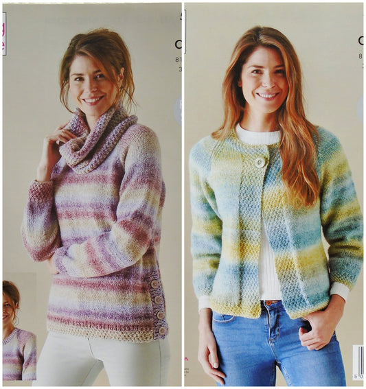 DIGITAL Knitting Pattern Ladies Jumper Cardigan & Cowl Acorn Aran King Cole 5802