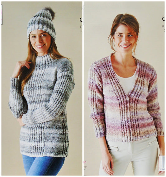 DIGITAL Knitting Pattern Ladies Cable Rib Jumper, Hat and Cardigan Acorn Aran King Cole 5805