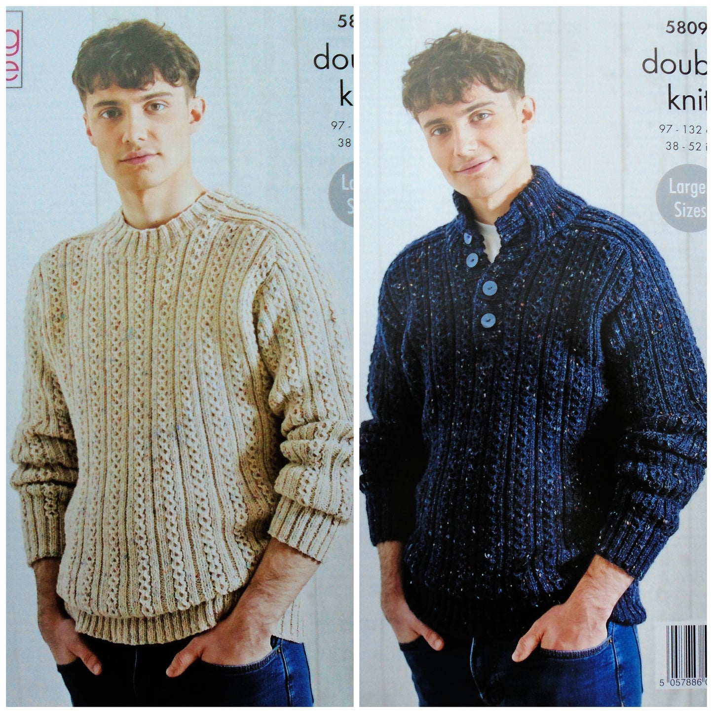 DIGITAL Knitting Pattern Mens Round/Button Neck Rib/Cable Jumpers DK King Cole 5809