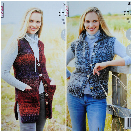 DIGITAL Knitting Pattern Ladies Waistcoat & Hoodie Inc Plus Size Chunky King Cole 5814