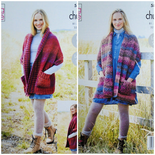 DIGITAL Knitting Pattern Ladies Easy Knit Wraps/Shawls with Pocket Chunky King Cole 5815