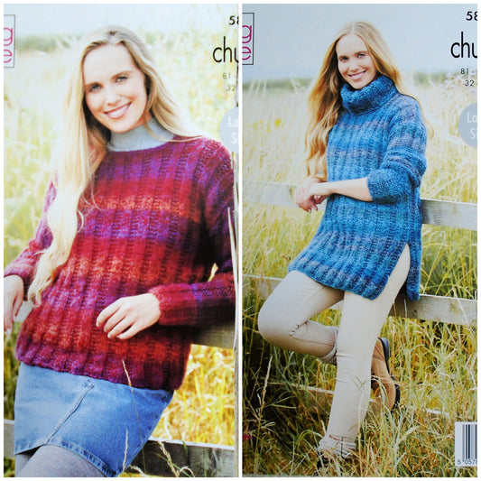 DIGITAL Knitting Pattern Ladies Rib Jumpers 2 Length Inc Plus Size Chunky King Cole 5816