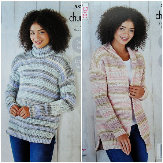 DIGITAL Knitting Pattern Ladies Easy Knit Garter Stitch Jumper and Jacket Chunky 5822