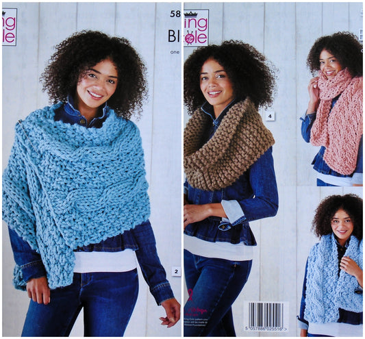 DIGITAL Knitting Pattern Ladies Very Easy Large Snood, Cable Wrap and 2 Styles Cable Scarf in Mega Chunky 5823