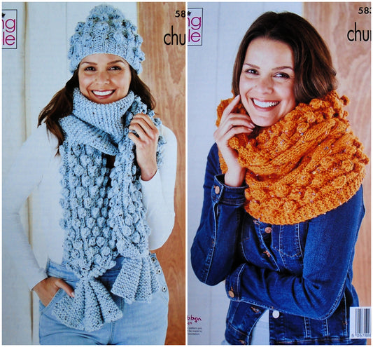 DIGITAL Knitting Pattern Ladies Bobble Hat, Scarf & Bobble & Cable Cowl/Snood Chunky King Cole 5832