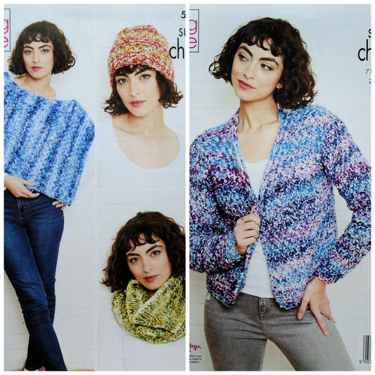 DIGITAL Knitting Pattern Ladies Textured Hat, Cowl, Poncho and Cardigan Super Chunky 5837