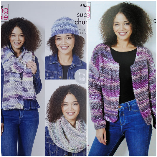 DIGITAL Knitting Pattern Ladies Easy Knit Jacket, Scarf, Hat and Cowl Super Chunky King Cole 5840