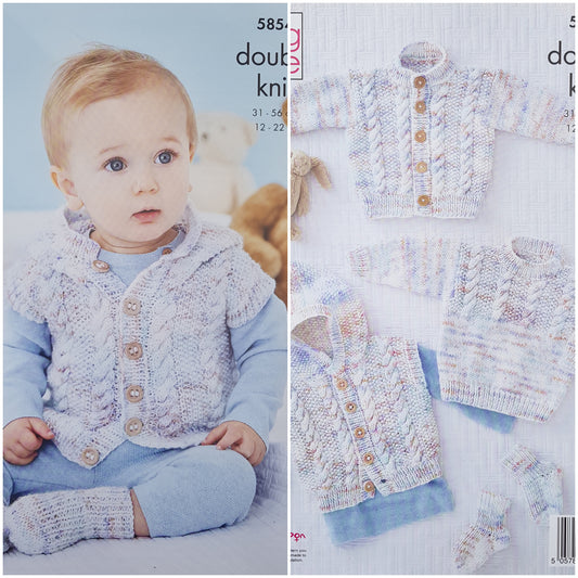 DIGITAL Knitting Pattern Baby Cable Cardigan, Hoodie, Jumper and Socks DK King Cole 5854