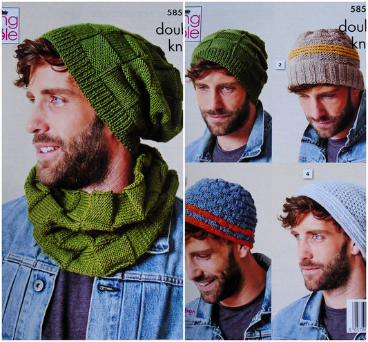 DIGITAL Knitting Pattern Mens 4 Styles Hat & Cowl Easy Knit Honeycomb DK King Cole 5859