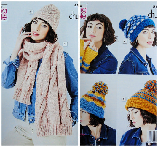 DIGITAL Knitting Pattern Ladies Hats, Scarf and Handwarmers Chunky King Cole 5861