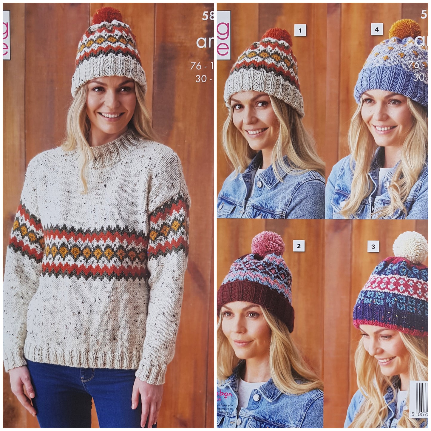 DIGITAL Knitting Pattern Ladies Fairisle Jumper & 4 Hat designs Aran King Cole 5868