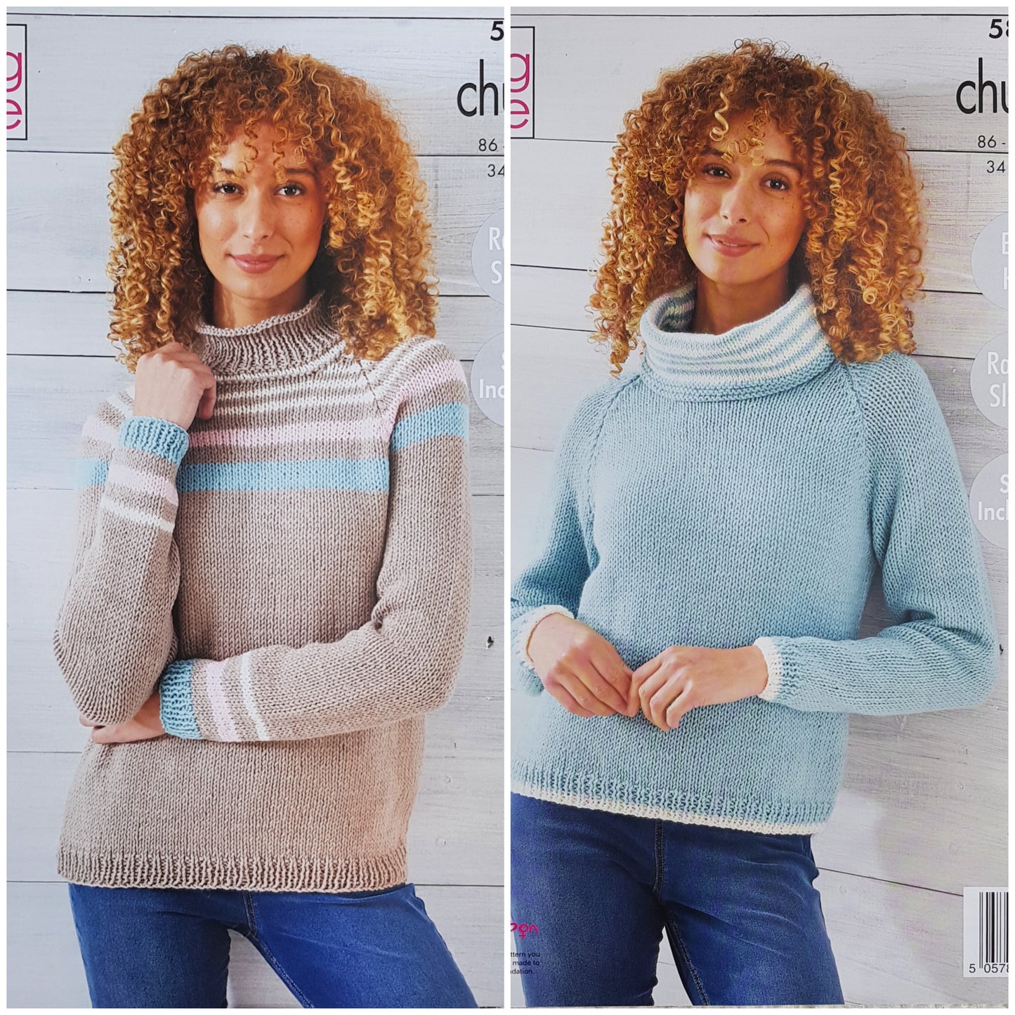 DIGITAL Knitting Pattern Ladies Easy Knit Raglan Stripe Jumpers Chunky 5892 King Cole