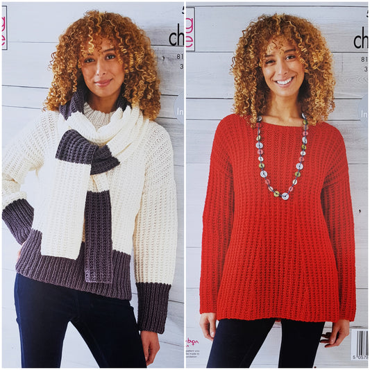 DIGITAL Knitting Pattern Ladies Flared Jumper, 2 Colour Jumper and Scarf Chunky 5895