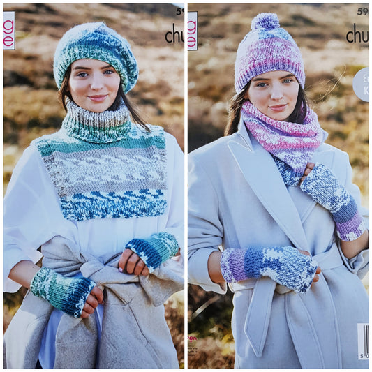 DIGITAL Knitting Pattern Ladies Easy Knit Hats Cowl HandWarmers Chunky King Cole 5908