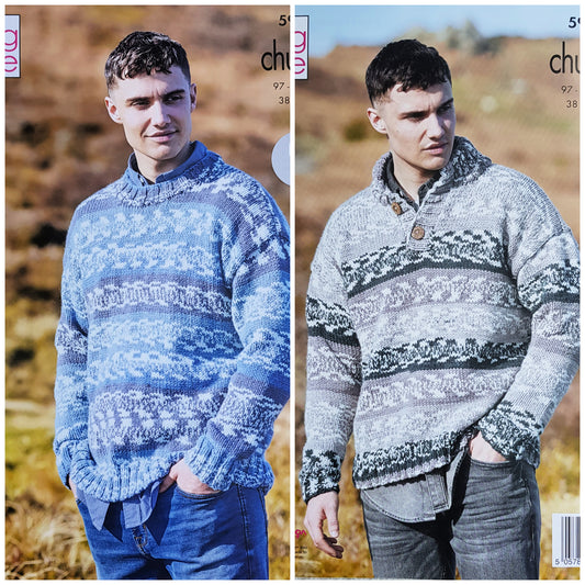 DIGITAL Knitting Pattern Mens Easy Knit Long Sleeve Jumpers Nordic Chunky King Cole 5910