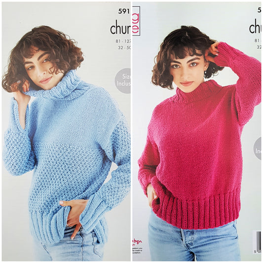 DIGITAL Knitting Pattern Ladies Textured and Easy Knit Jumpers Chunky 5916