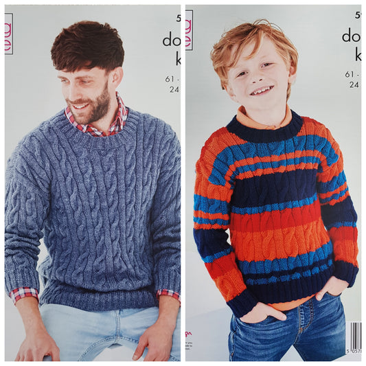 DIGITAL Knitting Pattern Mens/Boys Long Sleeve Cable Jumpers DK King Cole 5940