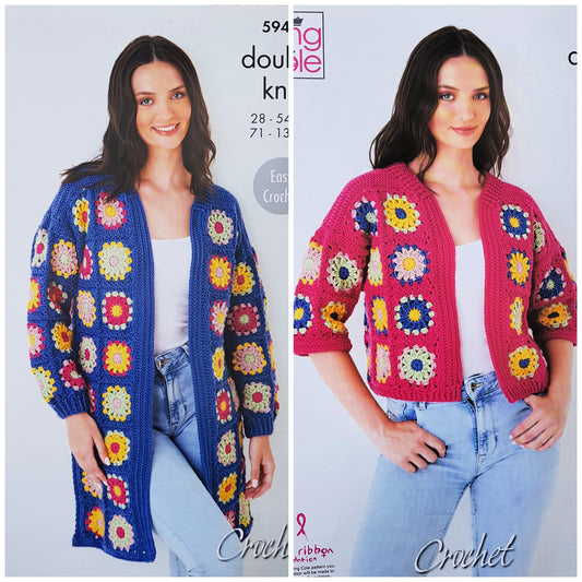 DIGITAL Crochet Pattern Ladies Easy Crochet Granny Squares Jackets DK King Cole 5943