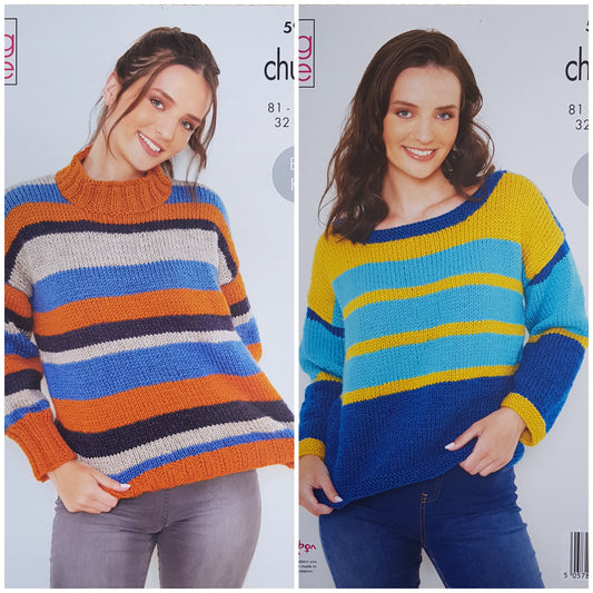 DIGITAL Knitting Pattern Ladies Easy Knit Striped Jumpers Chunky 5949 King Cole