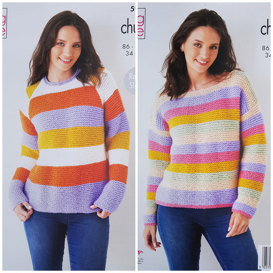 DIGITAL Knitting Pattern Ladies Very Easy Knit Striped Jumpers DK King Cole 5950