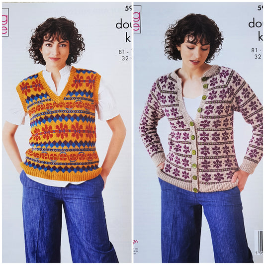 DIGITAL Knitting Pattern Ladies Fairisle Raglan Sleeve Cardigan & Top DK King Cole 5954
