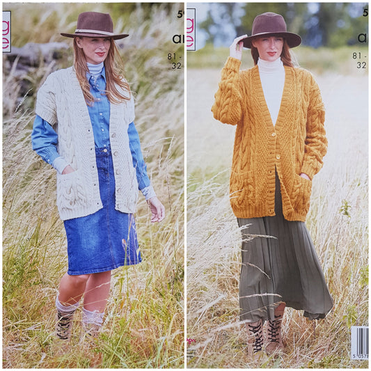 DIGITAL Knitting Pattern Ladies Long Cable Waistcoat &Jacket PureWool Aran KingCole 5962