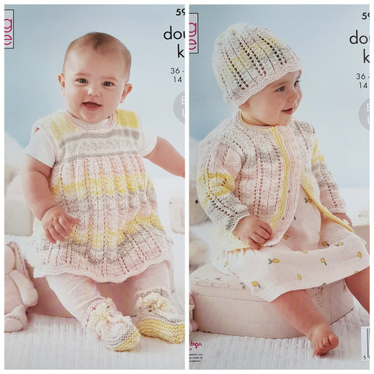 DIGITAL Knitting Pattern Baby Pinafore Dress Cardigan Hat & Bootees DK 5966 King Cole