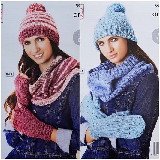 DIGITAL Knitting Pattern Ladies Hats, Cowls and Mittens Aran King Cole 5970