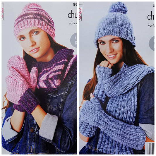 DIGITAL Knitting Pattern Ladies Easy Knit Hats, Cowl, Scarf, Mittens & Fingerless Mittens Chunky King Cole 5971